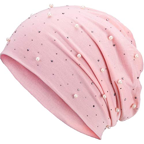 Compagno Slouch Beanie mit Perlen aus atmungsaktivem, feinem und leichten Jersey Unisex Damen Mütze Haube Boho Bini Mädchen Einheitsgröße, Farbe:Rosa von Compagno