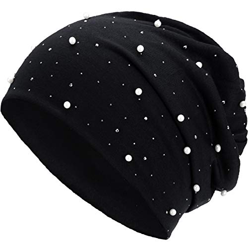 Compagno Slouch Beanie mit Perlen aus atmungsaktivem, feinem und leichten Jersey Unisex Damen Mütze Haube Boho Bini Mädchen Einheitsgröße, Farbe:Schwarz von Compagno