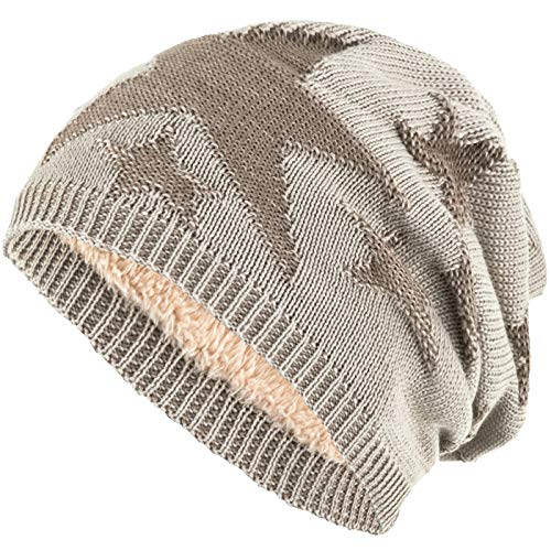 Compagno Sternen Wintermütze warm gefütterte Beanie Flechtmuster Einheitsgröße Mütze, Farbe:Beige von Compagno