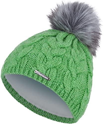 Compagno Strickmütze Mütze Damen Wintermütze Bommelmütze Norwegen Zopfmuster gefüttert Winter Fleece Futter Beanie 98, Farbe:Grün von Compagno