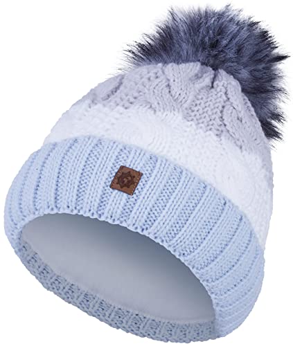 Compagno Wintermütze Mütze Damen Bommelmütze gestreift Strickmütze Winter gefüttert Mädchen Fleece Futter Beanie 102, Farbe:Hellblau von Compagno