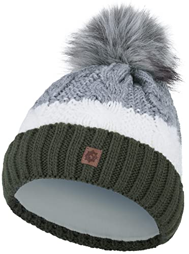 Compagno Wintermütze Mütze Damen Bommelmütze gestreift Strickmütze Winter gefüttert Mädchen Fleece Futter Beanie 102, Farbe:Oliv von Compagno