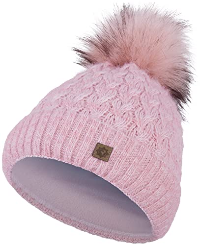 Compagno Strickmütze Mütze Damen Bommelmütze Wintermütze Norwegen Winter gefüttert Mädchen Zopfstrick Fleece Futter Beanie 97, Farbe:Rose von Compagno