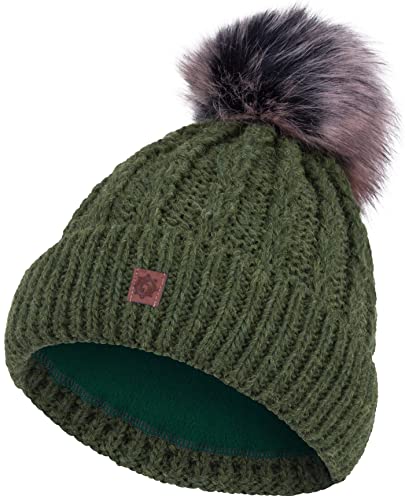 Compagno Strickmütze Mütze Damen Bommelmütze Wintermütze Zopfmuster Grobstrick Fleece Futter Beanie Mädchen Winter gefüttert 101, Farbe:Grün von Compagno