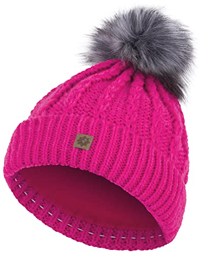 Compagno Strickmütze Mütze Damen Bommelmütze Wintermütze Zopfmuster Grobstrick Fleece Futter Beanie Mädchen Winter gefüttert 101, Farbe:Pink von Compagno