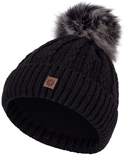 Compagno Strickmütze Mütze Damen Bommelmütze Wintermütze Zopfmuster Grobstrick Fleece Futter Beanie Mädchen Winter gefüttert 101, Farbe:Schwarz von Compagno