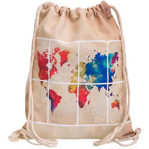 Compagno Turnbeutel Fullprint Rucksack Beutel Tasche Sport-Beutel, Rucksack Farbe:Weltkarte von Compagno