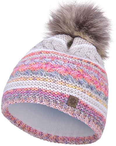 Compagno Wintermütze Damen Strickmütze Mütze Damen Bommelmütze Mehrfarbig Futter Beanie 87, Farbe:Beige von Compagno