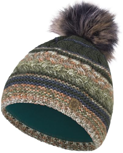 Compagno Wintermütze Damen Strickmütze Mütze Damen Bommelmütze Mehrfarbig Futter Beanie 87, Farbe:Oliv von Compagno