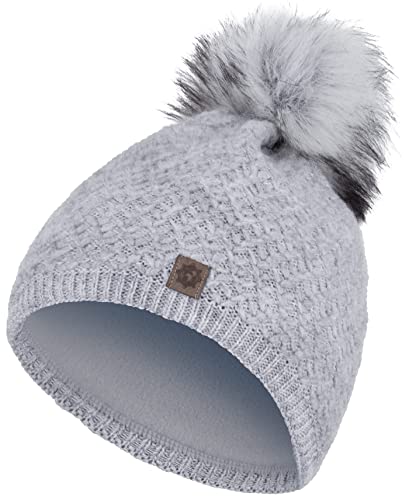 Compagno Wintermütze Mütze Damen Bommelmütze Wintermütze Mädchen gefüttert Fleece Futter Grobstrick Beanie 103, Farbe:Hellgrau von Compagno