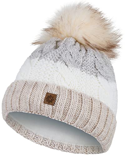 Compagno Wintermütze Mütze Damen Bommelmütze gestreift Strickmütze Winter gefüttert Mädchen Fleece Futter Beanie 102, Farbe:Beige Compagno Wintermütze Mütze Damen Bommelmütze gestreift Strickmütze Winter gefüttert Mädchen Fleece Futter Beanie 102, Farbe:Beige von Compagno