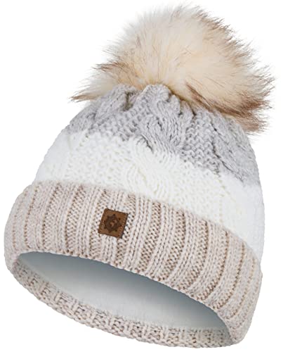 Compagno Wintermütze Mütze Damen Bommelmütze gestreift Strickmütze Winter gefüttert Mädchen Fleece Futter Beanie 102, Farbe:Beige von Compagno