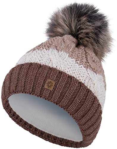 Compagno Wintermütze Mütze Damen Bommelmütze gestreift Strickmütze Winter gefüttert Mädchen Fleece Futter Beanie 102, Farbe:Braun von Compagno