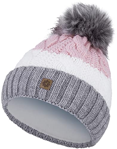 Compagno Wintermütze Mütze Damen Bommelmütze gestreift Strickmütze Winter gefüttert Mädchen Fleece Futter Beanie 102, Farbe:Hellgrau von Compagno