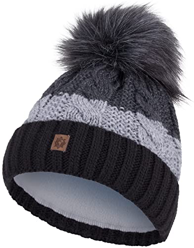 Compagno Wintermütze Mütze Damen Bommelmütze gestreift Strickmütze Winter gefüttert Mädchen Fleece Futter Beanie 102, Farbe:Schwarz von Compagno