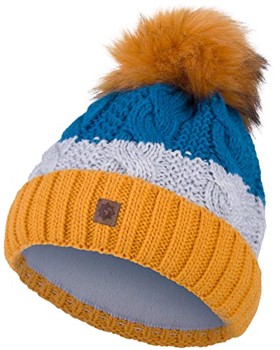 Compagno Wintermütze Mütze Damen Bommelmütze gestreift Strickmütze Winter gefüttert Mädchen Fleece Futter Beanie 102, Farbe:Senf von Compagno