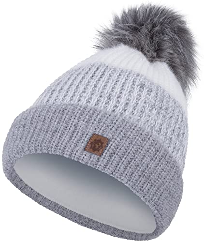 Compagno Wintermütze Mütze Damen Strickmütze Bommelmütze Mehrfarbig Fleece Futter Winter Beanie Mädchen 99, Farbe:Hellgrau von Compagno