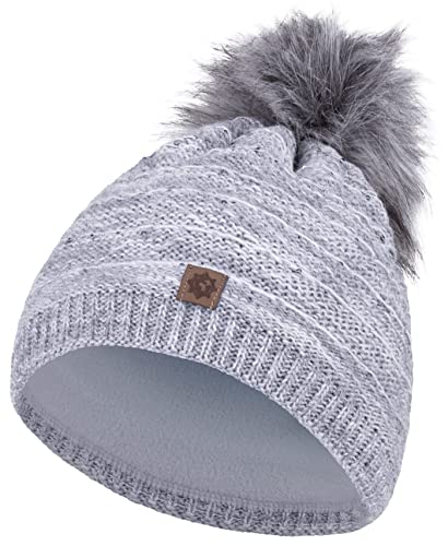 Compagno Wintermütze Strickmütze Damen Bommelmütze Fleece Futter Beanie Mütze 88, Farbe:Hellgrau von Compagno