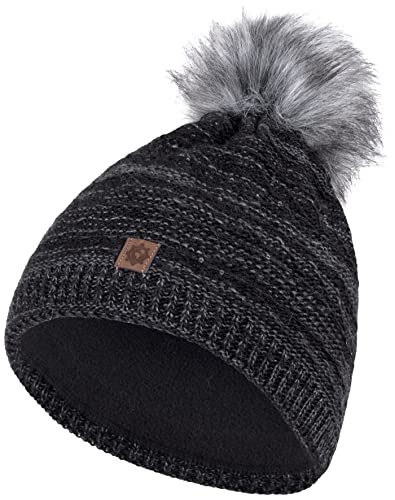 Compagno Wintermütze Strickmütze Damen Bommelmütze Fleece Futter Beanie Mütze 88, Farbe:Schwarz von Compagno