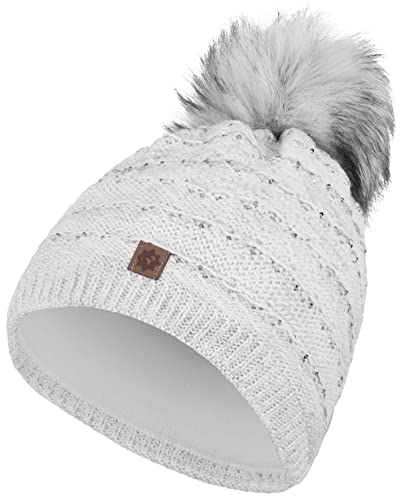 Compagno Wintermütze Strickmütze Damen Bommelmütze Fleece Futter Beanie Mütze 88, Farbe:Weiß von Compagno