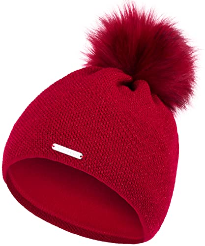 Compagno Mütze Damen Winter Bommelmütze Wintermütze Strickmütze Metallic-Garn Fleece Futter Beanie Mädchen 95, Farbe:Rot von Compagno