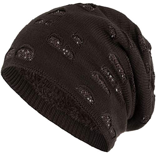 Compagno Mütze Damen Wintermütze mit Pailletten warm gefütterte Beanie Strickmütze Hat Haube Einheitsgröße, Farbe:Braun von Compagno