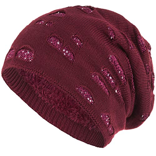 Compagno Mütze Damen Wintermütze mit Pailletten warm gefütterte Beanie Strickmütze Hat Haube Einheitsgröße, Farbe:Dunkelrot von Compagno