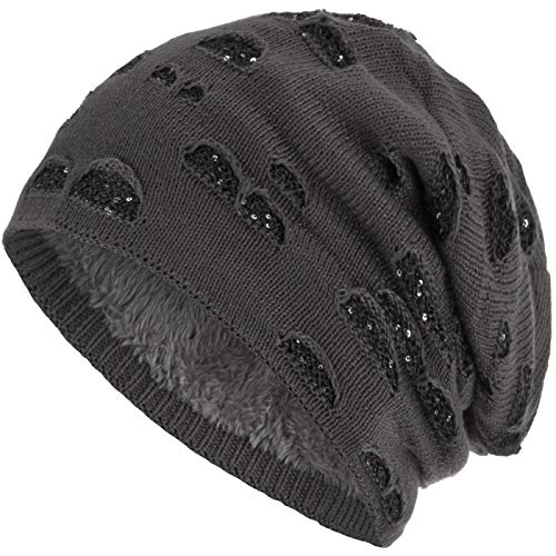 Compagno Mütze Damen Wintermütze mit Pailletten warm gefütterte Beanie Strickmütze Hat Haube Einheitsgröße, Farbe:Grau von Compagno