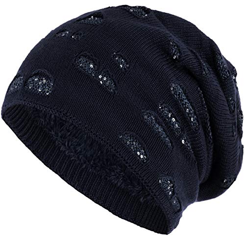 Compagno Mütze Damen Wintermütze mit Pailletten warm gefütterte Beanie Strickmütze Hat Haube Einheitsgröße, Farbe:Marineblau von Compagno