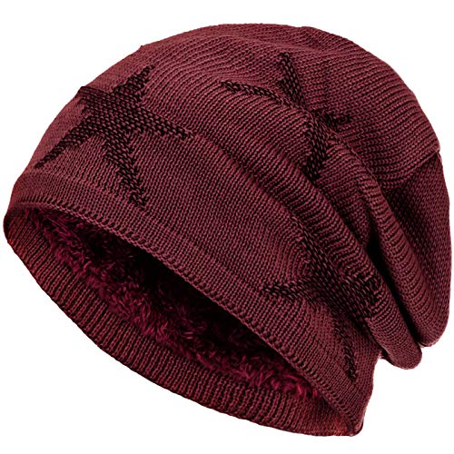 Compagno warm gefütterte Beanie Wintermütze Sternen Strickmuster mit weichem Fleece-Futter Mütze, Farbe:Dunkelrot Schwarz von Compagno