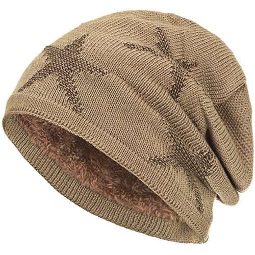 Compagno warm gefütterte Beanie Wintermütze Sternen Strickmuster mit weichem Fleece-Futter Mütze, Farbe:Hellbraun Braun von Compagno