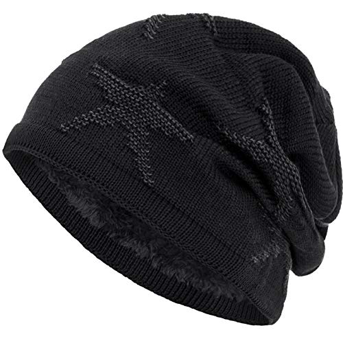 Compagno warm gefütterte Beanie Wintermütze Sternen Strickmuster mit weichem Fleece-Futter Mütze, Farbe:Schwarz Grau von Compagno