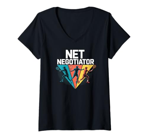 Damen Net Negotiator Tennis Grafikdruck T-Shirt mit V-Ausschnitt Damen Net Negotiator Tennis Grafikdruck T-Shirt mit V-Ausschnitt von Competitive Tennis Match Strategy Icons