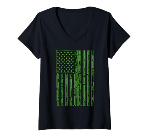 Damen Leiterplatte US-Flagge Patriotischer Programmierer Cybersecurity T-Shirt mit V-Ausschnitt Damen Leiterplatte US-Flagge Patriotischer Programmierer Cybersecurity T-Shirt mit V-Ausschnitt von Computer Coder Programmer Cyber American Flag