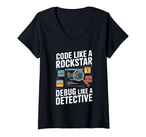 Damen Codieren Sie wie ein Rockstar-Debug wie ein Detektiv. Programmierung T-Shirt mit V-Ausschnitt Damen Codieren Sie wie ein Rockstar-Debug wie ein Detektiv. Programmierung T-Shirt mit V-Ausschnitt von Computer Geek Programming Coder Binary Coding