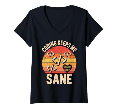 Damen Coding Keeps Me Sane Retro Coder Code Programmierung T-Shirt mit V-Ausschnitt Damen Coding Keeps Me Sane Retro Coder Code Programmierung T-Shirt mit V-Ausschnitt von Computer Geek Programming Geeks Binary Coding