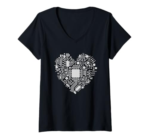 Damen Computer-Herzgrafik auf der Hauptplatine von Microchip Circuit Dark IT T-Shirt mit V-Ausschnitt Damen Computer-Herzgrafik auf der Hauptplatine von Microchip Circuit Dark IT T-Shirt mit V-Ausschnitt von Computer Motherboard Microchip Circuit Backgrounds