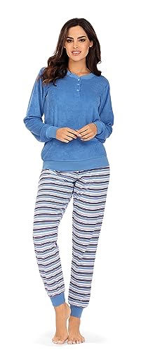 Comtessa Damen Schlafanzug Frottee 232330 Langarm Knopfleiste Bündchen Farbe: Blau Baumwolle Gr. 36 S von Comtessa