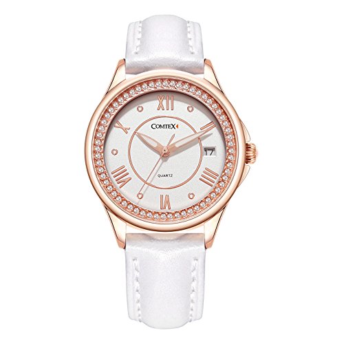 Comtex Damen Armbanduhr mit Weißes Lederband Rose Golden Gehäuse Wasser Resistent von Comtex