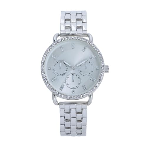 Comtex Silberne Damenuhr mit falschem dreiäugigem dekorativem Zifferblatt und elegantem Quarz-gewebtem Armband, Silber, Modern von Comtex