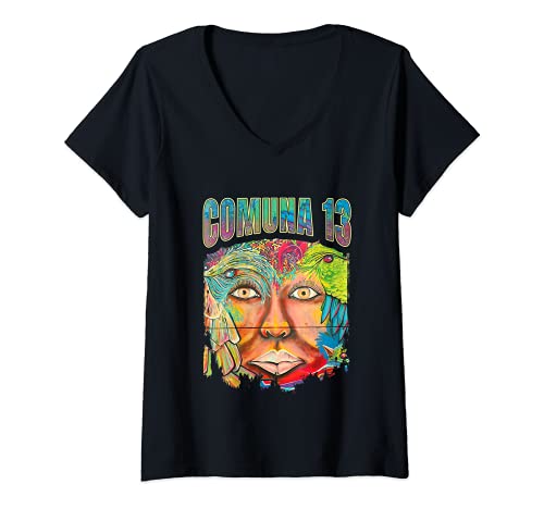 Damen Comuna 13 Graphic San Javier Street Art Graffiti T-Shirt mit V-Ausschnitt Damen Comuna 13 Graphic San Javier Street Art Graffiti T-Shirt mit V-Ausschnitt von Comuna 13 Medellin Colombia Paisa Shirts