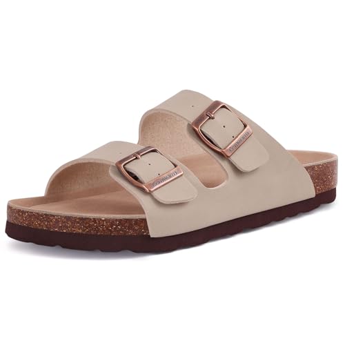 Comwarm Damen Kork Fußbett Pantoletten Sandale, Bequeme Sommer Strand Slide mit Verstellbarer Schnalle Hausschuhe von Comwarm