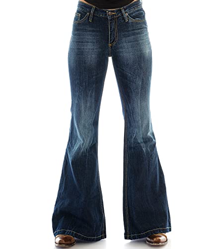 Comycom Damen Jeans Schlaghose 70er - Star Burn - Vintage Flared Jeans für Frauen (DE/NL/SE/PL, Bundweite & Schrittlänge, 44, 32, Dunkelblau) von Comycom