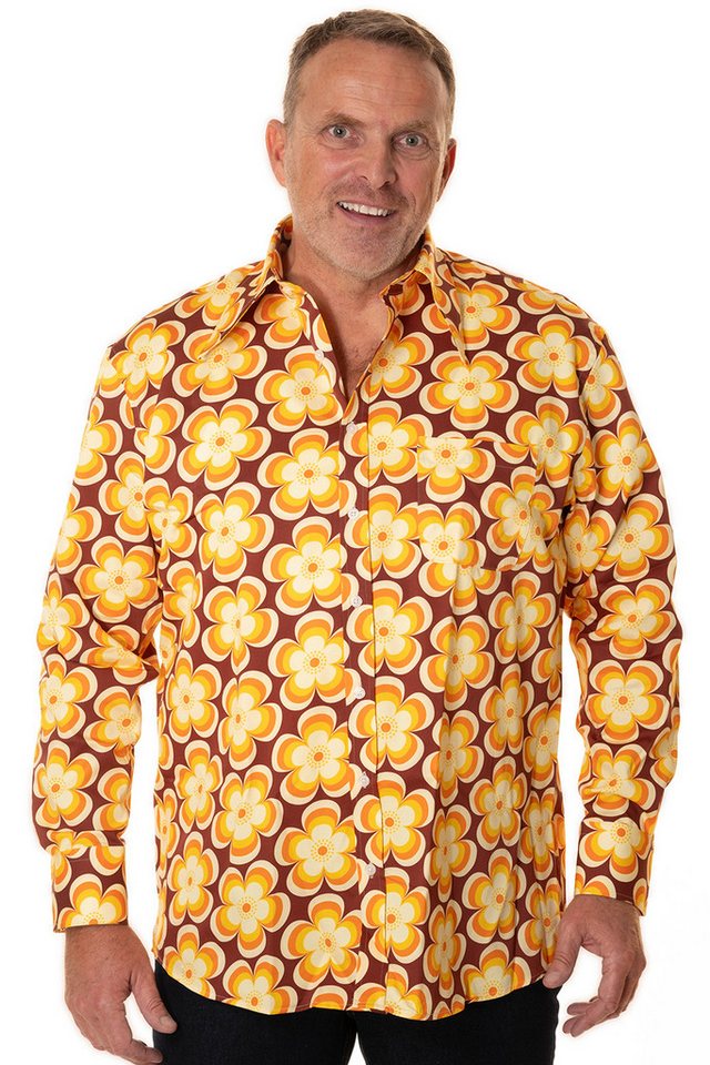 Comycom Langarmhemd Herren 70er mit gelb braunem Blumenmuster von Comycom