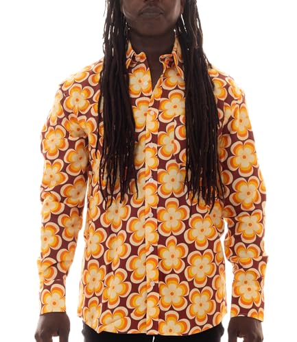 Herren 70er Langarm Hemd gelb braun geblümt in Comfort Fit 3XL von Comycom