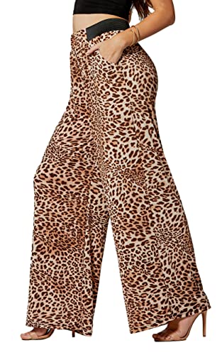 Palazzo Hose mit Taschen für Damen, viele Farben und Drucke, hohe Taille, weites Bein, Leopard, Einheitsgröße von Conceited