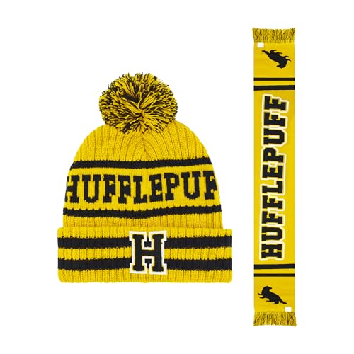 Concept One Damen Harry Potter Schal Set, Hogwarts Collegiate Winter Knit Cap mit Manschette und Pom Beanie Mütze, Hufflepuff, Einheitsgröße von Concept One