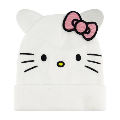 Concept One Unisex-Erwachsene Hello Kitty, Adult Acrylic Knitted Winter Cap with 3D Ears and Bow Beanie-Mütze, Weiss/opulenter Garten, Einheitsgre von Concept One