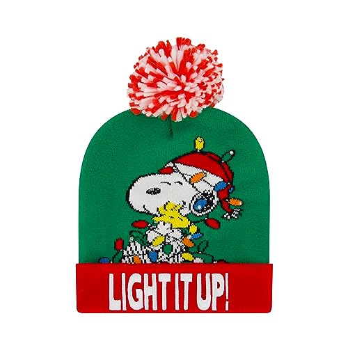 Peanuts Beanie Mütze, Snoopy und Woodstock LED Light Up Ugly Xmas Sweater Winter Strickmütze mit Bommel und Manschette, Grün, Einheitsgröße, Grün , Einheitsgröße von Concept One