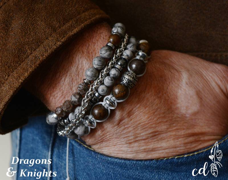 Herren Bronzit Landschaft Jaspis Armband-Set, Edelstahl Akzent von ConceptualizeDesign